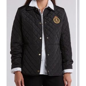Lauren Ralph Lauren Crest Patch Quilted Black Collared Jacket Size Small Petite